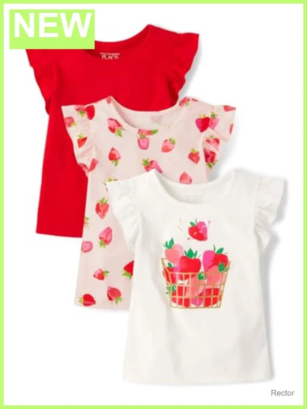 Toddler Girls 3-Pack Flutter Sleeve Tees Strawberry Crew Neck Cotton